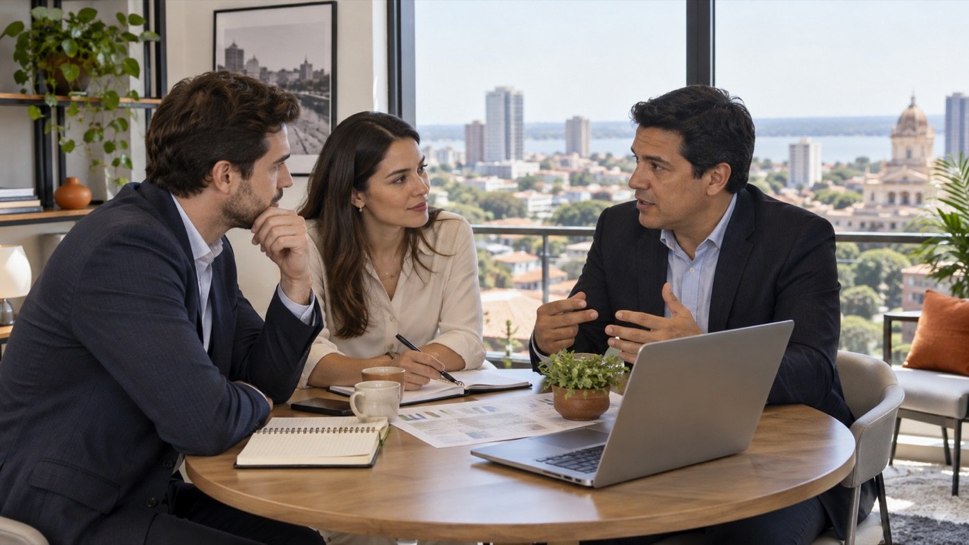 Emprendedores y asesor conversando sobre un proyecto empresarial
