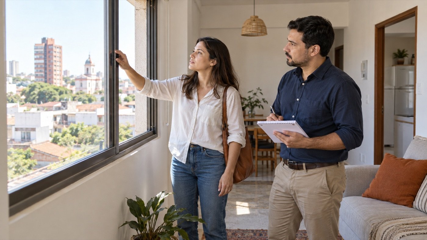 Persona visitando un apartamento y revisando sus condiciones