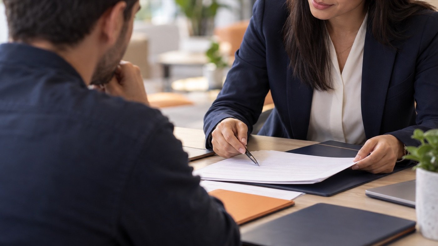 Cliente y asesora revisando documentación bancaria en una mesa