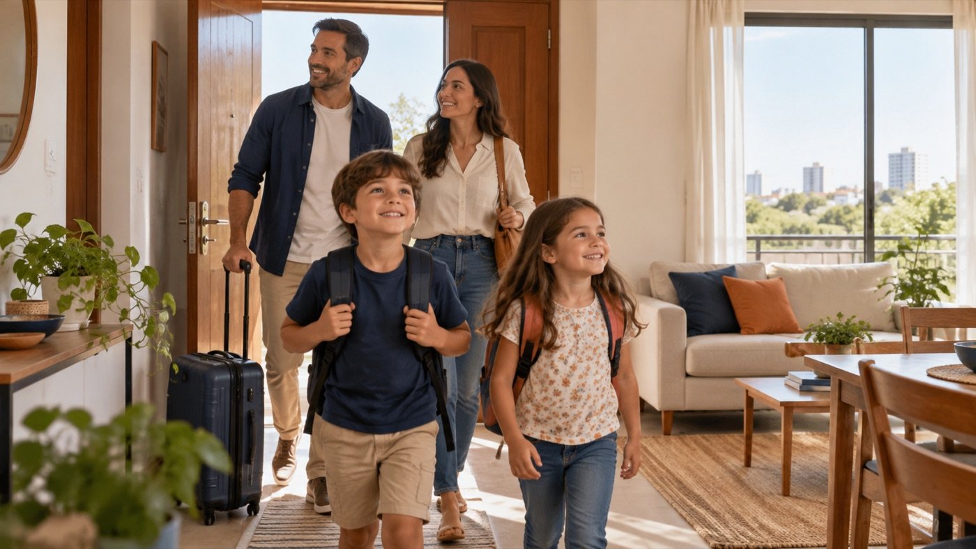 Familia con dos niños entrando en una nueva vivienda