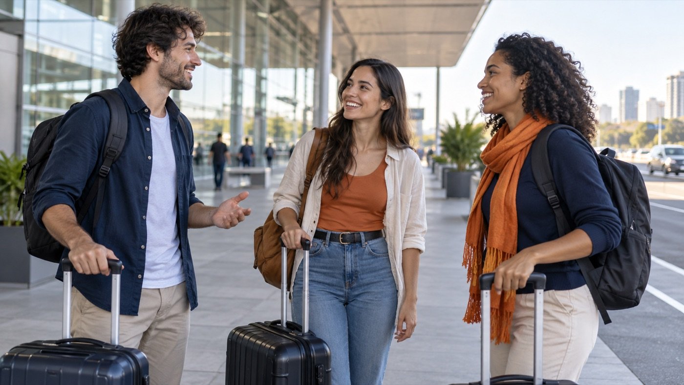 Viajeros conversando al llegar a una terminal con sus maletas